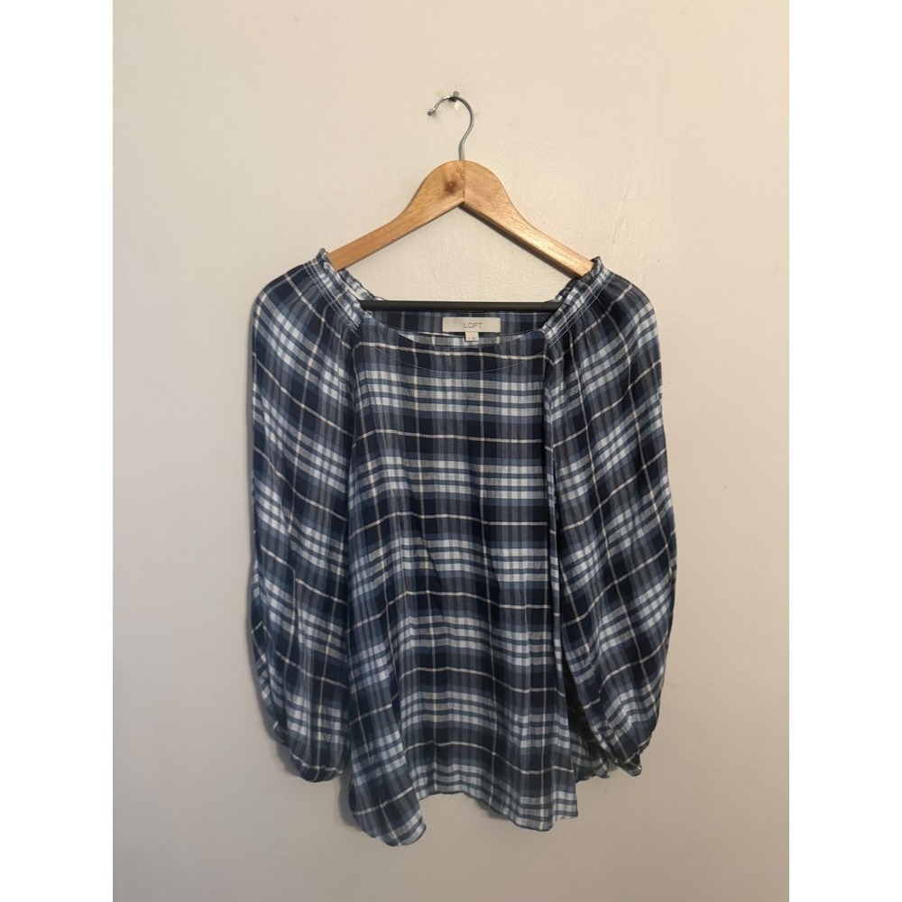 Loft Women's Blue White Plaid Square Neck Long Sleeve Blouse Top Medium